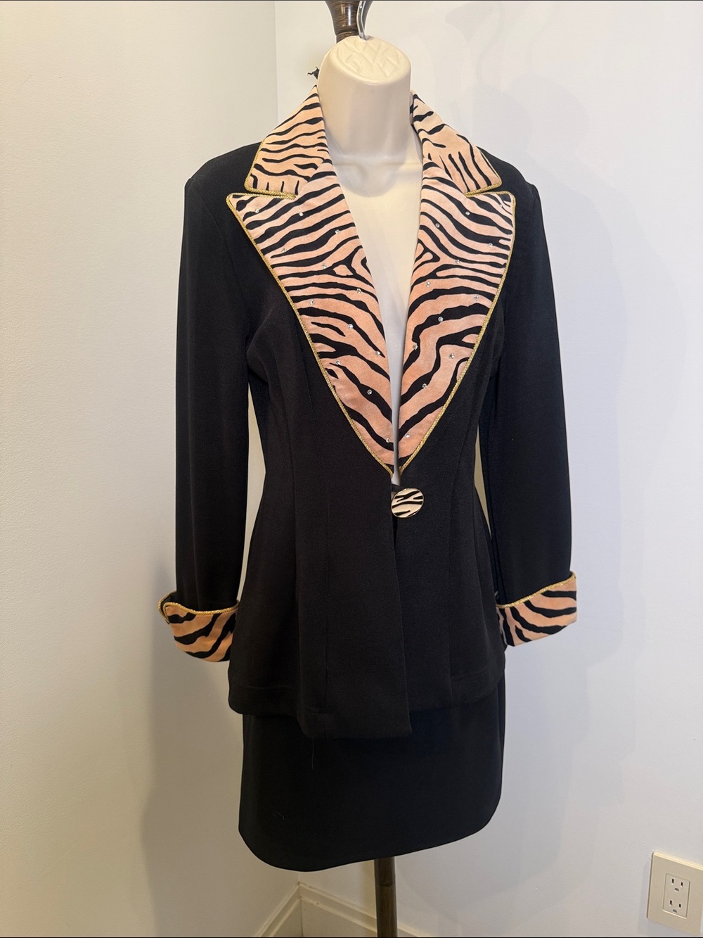 Vintage Cache Women's Black Blazer with Zebra & Rhinestone Trim Skirt Suit Set